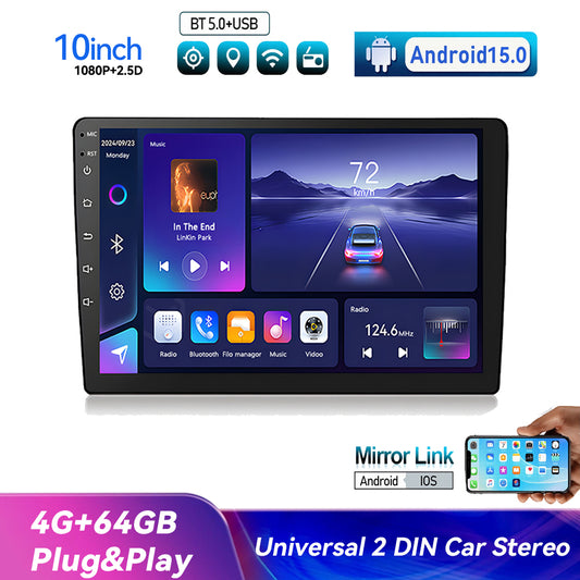 10" Universal 4+64G 4Core Car Stereo Radio Apple Carplay Android 15.0 GPS FM BT WIFI Navi